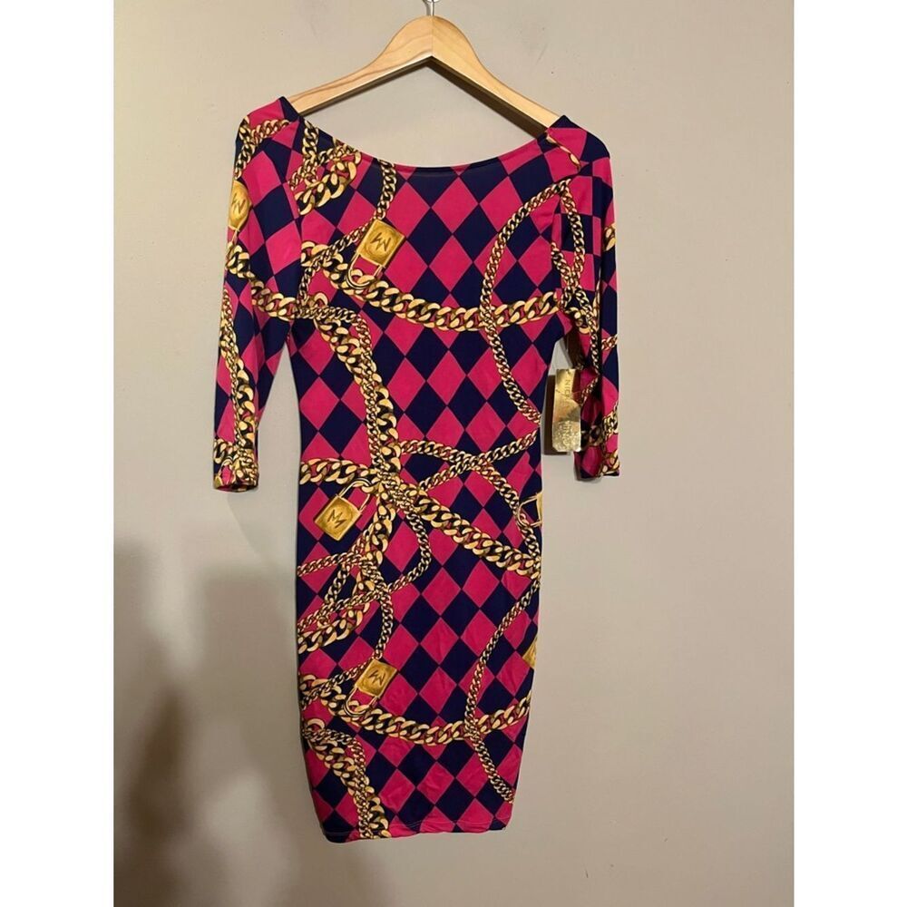 Nicki Minaj Pink, Navy & Gold Chain-Print Midi Dress